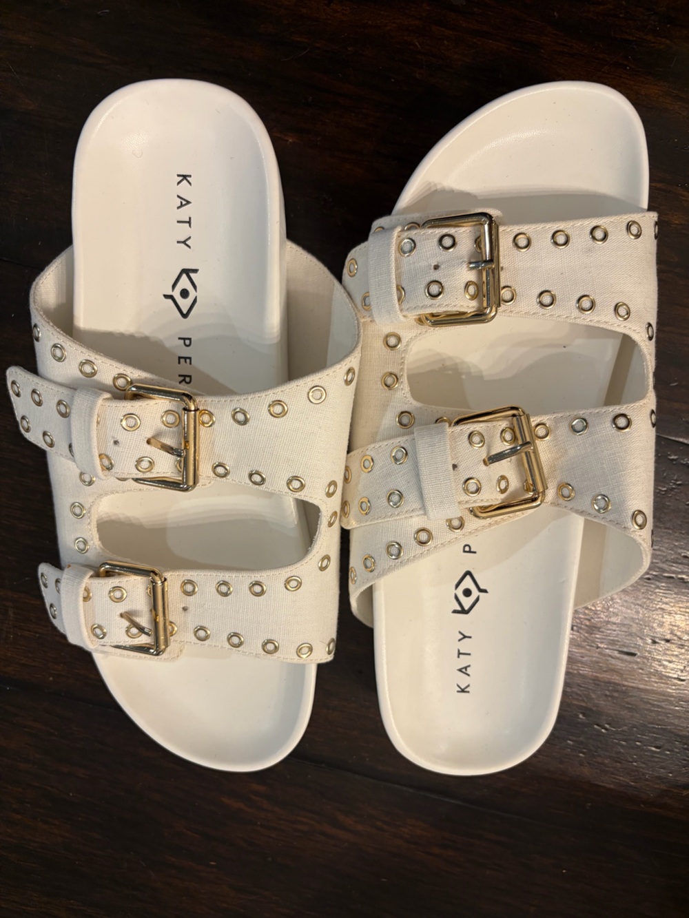 Katy Perry Collections White Double-Buckle Stud Slide Sandals size 6